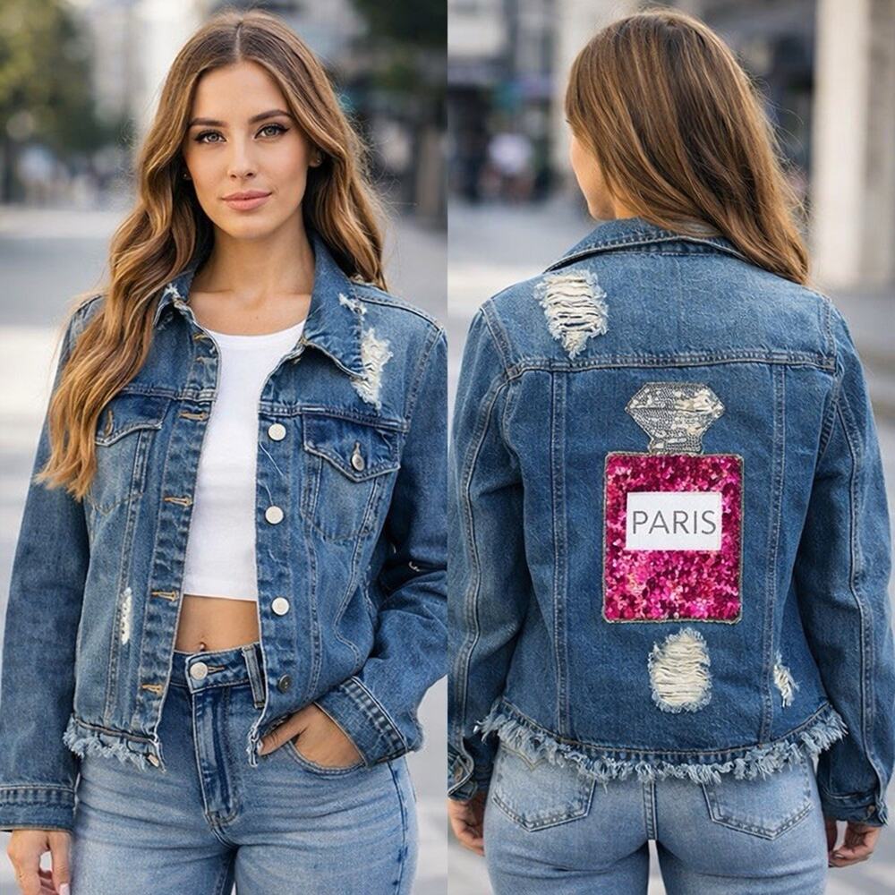 Custom Distressed Denim Jacket – “PARIS” Sequin Perfume Design Size Small